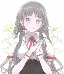 Rule 34 | 1girl, black legwear, blue eyes, flower, highres, jugatukumao, long hair, looking at viewer, low twintails, neck ribbon, original, red ribbon, ribbon, short sleeves, smile, solo, twintails, upper body, white background