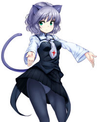 Rule 34 | 1girl, animal ears, black pantyhose, cat ears, cat tail, clothes lift, green eyes, necktie, outstretched arms, panties, panties under pantyhose, pantyhose, pleated skirt, sanya v. litvyak, silver hair, simple background, skirt, skirt lift, solo, standing, strike witches, tail, underwear, upskirt, white background, world witches series, zizi (zz22)
