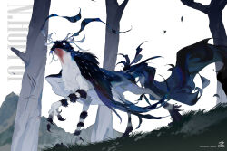Rule 34 | animal focus, artist name, blue eyes, blue feathers, blue fur, chinese commentary, claw mark, claws, commentary request, constricted pupils, feathered wings, feathers, from side, full body, grass, highres, kamikiririp, looking up, monster, no humans, original, outdoors, solo, tail, tree, watermark, white background, wings