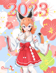 Rule 34 | 1girl, 2023, animal ear fluff, animal ears, blue eyes, caracal (kemono friends), caracal ears, extra ears, flower, hair ornament, highres, japanese clothes, kemono friends, kemono friends v project, long hair, looking at viewer, microphone, miko, nokemono-san (bocchi friend), open mouth, orange hair, ribbon, smile, socks, solo, tail, thighhighs, virtual youtuber