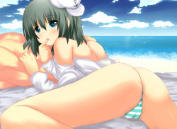 Rule 34 | 1girl, ass, bad id, bad pixiv id, beach, black hair, blush, cameltoe, cloud, day, female focus, finger in own mouth, green eyes, green hair, hat, lying, matching hair/eyes, murasa minamitsu, ocean, open mouth, outdoors, panties, sailor, sailor hat, shinekalta, short hair, sky, solo, striped clothes, striped panties, touhou, underwear, water
