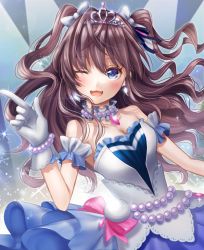Rule 34 | 10s, 1girl, :d, ;d, armlet, bare shoulders, beads, blue eyes, blush, bow, bracelet, brown hair, collar, collarbone, dress, earrings, frills, gloves, hair bow, i (imotarere), ichinose shiki, idolmaster, idolmaster cinderella girls, idolmaster cinderella girls starlight stage, jewelry, looking at viewer, one eye closed, open mouth, sleeveless, sleeveless dress, smile, solo, sparkle, spotlight, tiara, two side up, upper body, white dress, white gloves