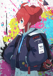 Rule 34 | 1girl, absurdres, backpack, bag, black bag, blue archive, blue eyes, blue jacket, blue necktie, closed mouth, collared shirt, doom (series), double bun, from side, hair bun, hands in pockets, highres, hood, hood down, hooded jacket, id card, jacket, light blush, long sleeves, looking ahead, maki (blue archive), makolas97, multicolored background, necktie, open clothes, open collar, open jacket, paint splatter, puffy sleeves, red hair, shirt, skirt, solo, white skirt