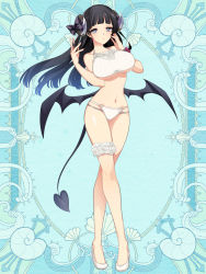 Rule 34 | 1girl, black bow, black hair, black wings, blue background, blue eyes, bow, breasts, curled horns, demon tail, earrings, full body, hair bow, hands up, horns, jewelry, kerberos blade, l (matador), bridal garter, long hair, looking at viewer, nail polish, navel, panties, red bow, scrunchie, simple background, solo, standing, tail, thigh scrunchie, underboob, underwear, white panties, white scrunchie, wings, wrist bow