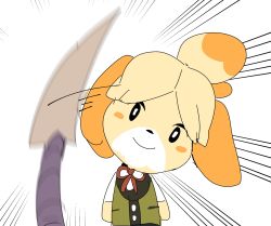 Rule 34 | 1girl, animal crossing, black eyes, blonde hair, blush stickers, closed mouth, dodging, dog girl, emphasis lines, female focus, green vest, happy, head tilt, highres, isabelle (animal crossing), jpeg artifacts, kendy (revolocities), looking at viewer, metroid, motion blur, motion lines, neck ribbon, nintendo, no humans, red ribbon, ribbon, ridley, shirt, short hair, short sleeves, simple background, sketch, smile, solo focus, super smash bros., tail, topknot, upper body, vest, white background, white shirt