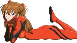 Rule 34 | 1girl, ass, blue eyes, bodysuit, bracer, breasts, brown hair, closed mouth, from side, fukano youichi, gloves, hair between eyes, hair ornament, hairclip, hands on own cheeks, hands on own face, head rest, headgear, highres, leg up, light smile, long hair, looking at viewer, lying, neon genesis evangelion, non-web source, official art, on stomach, pilot suit, plugsuit, simple background, skin tight, small breasts, smile, solo, souryuu asuka langley, the pose, two side up, white background