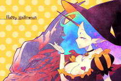 Rule 34 | 1girl, blue eyes, blue hair, breasts, choker, cleavage, collarbone, copyright request, dragon, earrings, gradient hair, happy halloween, hat, heart, hirano katsuyuki, jewelry, large breasts, matching hair/eyes, multicolored hair, pink hair, pointy ears, polka dot, polka dot background, puff and slash sleeves, puffy sleeves, ribbon choker, solo, striped, witch hat