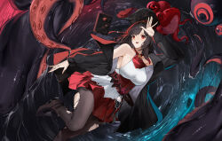 Rule 34 | absurdres, ascot, azur lane, bare shoulders, black coat, black footwear, black hair, black thighhighs, book, breasts, coat, flantia, hands up, hat, highres, large breasts, looking at viewer, medium hair, open clothes, open coat, open mouth, pirate hat, pleated skirt, red ascot, red eyes, red skirt, royal fortune (azur lane), skirt, smile, suction cups, tentacle hair, tentacles, thighhighs, torn clothes, torn thighhighs, water