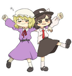 Rule 34 | 2girls, :d, arm around shoulder, bad id, bad pixiv id, belt, blush, bow, brown eyes, brown hair, clenched hand, closed eyes, collared shirt, dress, drunk, hat, hat bow, jitome, loafers, long skirt, maribel hearn, mary janes, mob cap, multiple girls, necktie, open mouth, sasa kichi, shirt, shoes, short hair, side-by-side, skirt, smile, solid circle eyes, squeans, touhou, untucked shirt, usami renko, v-shaped eyebrows, wavy mouth