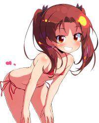 Rule 34 | 10s, 1girl, bikini, black ribbon, breasts, brown eyes, brown hair, commentary request, girls und panzer, grin, hair ribbon, hands on legs, heart, highres, kadotani anzu, leaning forward, lens flare, long hair, looking at viewer, micro bikini, naughty face, parted bangs, red bikini, ribbon, shiny skin, side-tie bikini bottom, simple background, small breasts, smile, solo, standing, sw (taco), swimsuit, thong, thong bikini, twintails, white background, wide hips