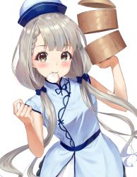 Rule 34 | 1girl, bamboo steamer, baozi, bare arms, blue bow, blue dress, blue hat, blush, bow, braid, breasts, brown eyes, china dress, chinese clothes, dress, food, food in mouth, grey hair, hair bow, hands up, hat, hisakawa nagi, holding, idolmaster, idolmaster cinderella girls, k mugura, long hair, low twintails, mouth hold, simple background, sleeveless, sleeveless dress, small breasts, solo, twintails, very long hair, white background