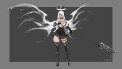 Rule 34 | 1girl, absurdres, bare shoulders, black bow, black bra, black footwear, black skirt, black thighhighs, boots, bow, bra, breast tattoo, breasts, collarbone, commentary, cross-laced footwear, energy wings, english commentary, eyepatch, full body, gauntlets, grey background, grey eyes, grey lips, hair bow, hair over one eye, halo, high-waist skirt, highres, holding, holding polearm, holding weapon, knee boots, large breasts, less, long hair, mechanical halo, off-shoulder shirt, off shoulder, one eye covered, original, parted lips, polearm, shirt, simple background, skirt, smile, solo, spear, tattoo, thigh strap, thighhighs, underwear, weapon, white hair, white shirt, zettai ryouiki