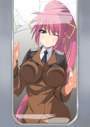 Rule 34 | 00s, 1girl, against glass, blue eyes, blush, breast press, breasts, breasts on glass, date (senpen), large breasts, long hair, lyrical nanoha, mahou shoujo lyrical nanoha, mahou shoujo lyrical nanoha strikers, military, military uniform, necktie, one eye closed, pink hair, signum, solo, train, train interior, uniform, very long hair, window, wink