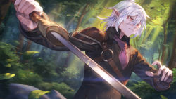 Rule 34 | 1boy, black shirt, character request, closed mouth, collared shirt, commentary request, day, falling leaves, fingernails, forest, gloves, hair between eyes, hands up, highres, holding, holding sword, holding weapon, king&#039;s raid, leaf, long sleeves, male focus, mashuu (neko no oyashiro), nature, necktie, o-ring, outdoors, pink necktie, pointy ears, red eyes, sharp fingernails, shirt, shoulder pads, solo, sunlight, sword, tree, upper body, weapon, white hair