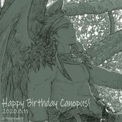 Rule 34 | 1boy, canopus wolph, dated, day, earrings, feather earrings, feathered wings, feathers, green theme, happy birthday, headband, in tree, jewelry, long hair, looking to the side, male focus, monochrome, outdoors, topless male, sitting, solo, tactics ogre, tree, twitter username, windcaller, wings