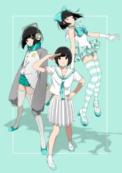Rule 34 | 3girls, absurdres, aqua background, black eyes, black hair, bow, chamooi, closed eyes, closed mouth, dempagumi, gem, green nails, hand on own hip, headphones, highres, jacket, jewelry, letterman jacket, magical girl, multiple girls, multiple persona, nail polish, neckerchief, necklace, oversized clothes, pearl necklace, pleated skirt, salute, school uniform, serafuku, shoes, shorts, skirt, striped clothes, striped thighhighs, thighhighs, uwabaki, vocaloid, yumemi nemu (dempagumi), yumemi nemu (vocaloid)