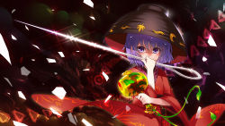 Rule 34 | 1girl, blush, bobomaster, bowl, covered mouth, covering own mouth, hat, highres, holding, japanese clothes, kimono, mallet, miracle mallet, needle, obi, purple eyes, purple hair, sash, shatter, short hair, solo, sparkle, sukuna shinmyoumaru, touhou, wide sleeves