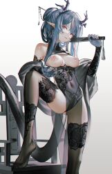 Rule 34 | 1girl, arknights, bare shoulders, blue eyes, blue hair, blush, breasts, china dress, chinese clothes, dragon horns, dress, earrings, feet, foot out of frame, gloves, hair bun, hand fan, highres, holding, holding fan, horns, iumu, jewelry, large areolae, legs, ling (arknights), long hair, looking at viewer, medium breasts, multicolored hair, nipples, no shoes, pointy ears, smile, solo, tail, thighhighs, thighs, toes, very long hair, white background