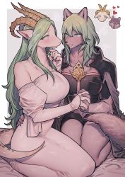 Rule 34 | 2girls, animal ears, bangs, blush, breasts, byleth (fire emblem), byleth (fire emblem) (female), cape, claws, detached sleeves, dress, eye contact, female focus, fire emblem, fire emblem: three houses, fur, furrification, furry, garreg mach monastery uniform, goat girl, goat horns, green eyes, green hair, heart, highres, horns, ikarin, jewelry, large breasts, long hair, looking at another, matching hair/eyes, multiple girls, multiple views, nintendo, rhea (fire emblem), ring, scar, scar on arm, simple background, sitting, snout, very long hair, wedding band, white dress, wolf ears, wolf girl, yuri