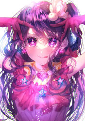 Rule 34 | 1girl, absurdres, bare shoulders, belt, black belt, blush, breasts, closed mouth, commentary, dress, earrings, gloves, hair between eyes, hair ornament, hair ribbon, hands up, heart, heart earrings, highres, hoshino ai (oshi no ko), idol, jewelry, long hair, looking at viewer, medium breasts, multicolored eyes, one side up, oshi no ko, pinapo 25, pink dress, pink eyes, pink gloves, purple eyes, purple hair, rabbit hair ornament, ribbon, sidelocks, simple background, sleeveless, sleeveless dress, smile, solo, star-shaped pupils, star (symbol), symbol-shaped pupils, tongue, tongue out, turtleneck, turtleneck dress, upper body, white background, white ribbon
