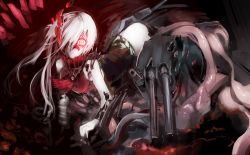 Rule 34 | 10s, 1girl, abyssal ship, alf874, ascot, bad id, bad pixiv id, dress, glowing, glowing eye, hair over one eye, kantai collection, long hair, ne-class heavy cruiser, pale skin, red eyes, short dress, solo, tears, tentacles, white hair