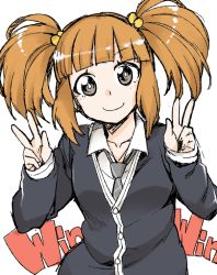 Rule 34 | 1girl, akitsuki itsuki, black jacket, bright pupils, brown hair, closed mouth, collared shirt, commentary, double v, grey eyes, grey necktie, hair bobbles, hair ornament, jacket, long sleeves, looking at viewer, necktie, shirt, smile, solo, takahashi aoi, tesagure! bukatsu-mono, twintails, v, white background, white pupils, wing collar