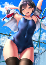 Rule 34 | 1girl, arms up, bare shoulders, black hair, black thighhighs, breasts, brown eyes, chain-link fence, cloud, competition school swimsuit, covered navel, cowboy shot, day, dutch angle, fence, gluteal fold, hose, kase daiki, looking at viewer, one-piece swimsuit, open clothes, open mouth, original, outdoors, outstretched arms, sailor collar, sailor shirt, school swimsuit, school uniform, serafuku, shiny clothes, shirt, short hair, sky, small breasts, smile, solo, splashing, standing, swimsuit, swimsuit under clothes, thigh gap, thighhighs, thighs, undressing, water, water drop, wet, wet clothes