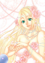 Rule 34 | 1girl, bad id, bad pixiv id, bare shoulders, blonde hair, bracelet, breasts, cleavage, flower, gem, green eyes, hair flower, hair ornament, happy, holding hands, jewelry, large breasts, long hair, natsumoto, necklace, original, pearl (gemstone), pearl necklace, pink theme, ring, rose, solo, solo focus, sparkle, tears