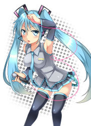 Rule 34 | 1girl, aqua eyes, aqua hair, arm up, armpits, detached sleeves, hatsune miku, headset, kd, long hair, microphone, necktie, open mouth, skirt, solo, thighhighs, twintails, very long hair, vocaloid