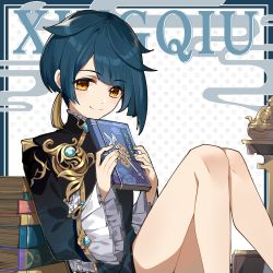 Rule 34 | 1boy, absurdres, artist request, asymmetrical bangs, blue hair, book, character name, chinese clothes, earrings, frills, genshin impact, highres, holding, holding book, jewelry, long sleeves, male focus, official art, pile of books, single earring, smile, solo, xingqiu (genshin impact), yellow eyes