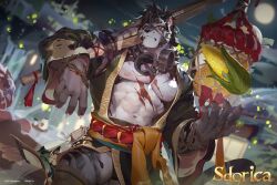 Rule 34 | 1boy, bara, copyright name, corn, cuffs, furry, furry male, highres, holding, looking at viewer, male focus, moon, multiple scars, night, null-ghost, official art, onsen, scar, sdorica, shackles, thighs, tiger, yao (sdorica)