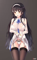 Rule 34 | 1girl, bare shoulders, between breasts, black hair, black thighhighs, blush, bow, bow panties, breasts, clothes lift, cowboy shot, flower, garter belt, garter straps, girls&#039; frontline, gloves, gluteal fold, hair flower, hair ornament, hairband, large breasts, lifted by self, long hair, looking at viewer, napalmbit, off-shoulder shirt, off shoulder, open mouth, panties, see-through, shirt, simple background, skirt, skirt lift, skirt set, solo, thighhighs, type 95 (girls&#039; frontline), underwear, very long hair, white gloves, white hairband, white shirt, white skirt, yellow eyes