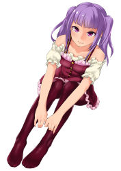Rule 34 | 1girl, absurdres, alice gear aegis, bare shoulders, breasts, closed mouth, dress, feet, frilled dress, frilled sleeves, frills, fukuinu, full body, highres, hugging own legs, ichijou ayaka, legs, long hair, looking at viewer, pantyhose, purple dress, purple eyes, purple hair, purple pantyhose, short sleeves, simple background, sitting, small breasts, smile, solo, twintails, white background