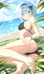 1girl :d ass bare_legs bare_shoulders barefoot beach bikini black_bikini black_ribbon blue_eyes blue_hair blue_sky blush breasts cloud day dopoing eyes_visible_through_hair hair_between_eyes hair_over_one_eye hair_ribbon headdress highres leaf light_particles looking_at_viewer looking_back lying medium_breasts ocean on_side open_mouth outdoors re:zero_kara_hajimeru_isekai_seikatsu rem_(re:zero) ribbon short_hair sideboob sky smile solo sunlight swimsuit water wrist_cuffs