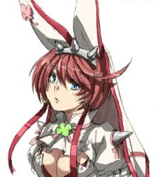 Rule 34 | 1girl, ahoge, ascot, bad id, bad pixiv id, blue eyes, bra, breasts, bridal veil, cleavage, clover, dress, earrings, elphelt valentine, four-leaf clover, glaukosblue, guilty gear, guilty gear xrd, hairband, jewelry, large breasts, open mouth, pink hair, puffy sleeves, red bra, short hair, simple background, solo, spikes, udhukiao, underwear, upper body, veil, white background, white dress