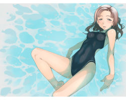Rule 34 | 1girl, afloat, blush, brown hair, competition swimsuit, floating, grey eyes, half-closed eyes, kawada tomoko, kimi kiss, long hair, looking at viewer, one-piece swimsuit, open mouth, partially submerged, pool, sakura kotetsu, single vertical stripe, solo, swimsuit, water