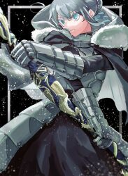 Rule 34 | 1girl, ahoge, armor, black background, blue ribbon, blurry, cloak, cowboy shot, depth of field, eyelashes, fate/stay night, fate (series), fur-trimmed cloak, fur trim, gauntlets, gray (fate), green eyes, grey hair, highres, holding, holding weapon, hood, hooded cloak, looking to the side, parted lips, ribbon, short hair, solo, tokoni fusu, weapon