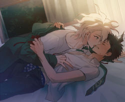 2boys, ahoge, bangs, blue male underwear, blush, brown hair, coat, commentary request, danganronpa (series), danganronpa 2: goodbye despair, eyes closed, from side, green coat, hinata hajime, indoors, komaeda nagito, licking, licking lips, looking at another, lying, male focus, male underwear, multiple boys, necktie, neckwear removed, on back, on bed, open clothes, open pants, pale skin, pants, partially unbuttoned, ppap (11zhakdpek19), shirt, sweat, tongue, tongue out, underwear, white shirt, yaoi