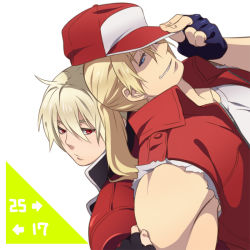 Rule 34 | 2boys, age difference, back-to-back, bad id, bad pixiv id, baseball cap, blonde hair, blue eyes, fatal fury, fingerless gloves, gloves, hand on headwear, hat, jacket, long hair, male focus, garou: mark of the wolves, multiple boys, ponytail, red eyes, red vest, rock howard, satowo, shirt, sleeveless, sleeveless shirt, snk, tank top, terry bogard, the king of fighters, time paradox, vest