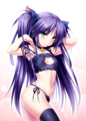 Rule 34 | 1girl, bell, black bra, black panties, black thighhighs, blue eyes, blush, bra, breasts, cat cutout, cat lingerie, choker, cleavage cutout, clothing cutout, contrapposto, from side, hair ribbon, highres, jingle bell, jpeg artifacts, little busters!, long hair, looking at viewer, meme attire, navel, neck bell, panties, purple hair, ribbon, sasasegawa sasami, side-tie panties, simple background, small breasts, smile, solo, standing, thighhighs, two side up, underwear, underwear only, zen