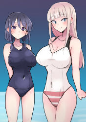 Rule 34 | 2girls, arms at sides, arms behind back, blue background, blue eyes, blue one-piece swimsuit, blush, breasts, cleavage, closed mouth, collarbone, covered navel, dot mouth, dot nose, expressionless, eyebrows, feet out of frame, female focus, gradient background, highres, katou asuka, large breasts, long28, long hair, looking at viewer, looking to the side, low twintails, matching hair/eyes, multiple girls, one-piece swimsuit, outdoors, pov, purple eyes, purple hair, red one-piece swimsuit, short twintails, smile, standing, swimsuit, tall female, tamura yuri, twintails, two-tone swimsuit, watashi ga motenai no wa dou kangaetemo omaera ga warui!, water, white one-piece swimsuit