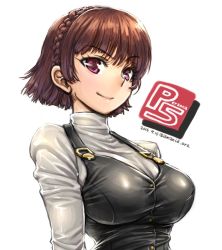 Rule 34 | 1girl, amania orz, braid, breasts, brown hair, closed mouth, copyright name, crown braid, dated, large breasts, looking at viewer, niijima makoto, persona, persona 5, purple eyes, school uniform, short hair, shuujin academy school uniform, simple background, smile, solo, twitter username, white background
