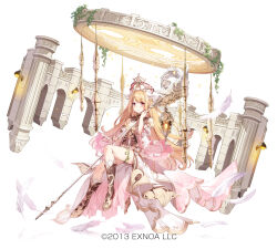 Rule 34 | 1girl, blonde hair, blush, boots, brown footwear, character request, closed mouth, colonnade, column, commentary request, copyright notice, dress, feathers, frilled sleeves, frills, full body, gold, hat, head wings, holding, knee boots, lantern, long dress, long hair, mage staff, miyase mahiro, official art, pillar, pink dress, pink eyes, pink hat, plant, sennen sensou aigis, smile, solo, very long hair, vines, white background, white hat, wide sleeves, wings