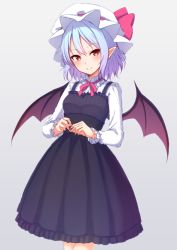 Rule 34 | 1girl, alternate costume, bat wings, black dress, blue hair, blush, bow, breasts, closed mouth, cowboy shot, dress, frills, hair between eyes, hat, hat bow, junior27016, long sleeves, looking at viewer, mob cap, neck ribbon, pointy ears, red bow, red eyes, red ribbon, remilia scarlet, ribbon, short hair, small breasts, smile, solo, touhou, wings