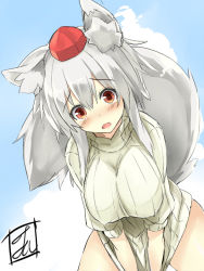 Rule 34 | 1girl, alternate costume, animal ears, blush, breasts, brown eyes, clothes tug, commentary request, cowboy shot, hair between eyes, hat, inubashiri momiji, large breasts, looking at viewer, multicolored background, no pants, one-hour drawing challenge, open mouth, red hat, ribbed sweater, short hair, sidelocks, signature, silver hair, solo, sweater, sweater tug, tail, tirotata, tokin hat, touhou, two-tone background, white sweater, wolf ears, wolf tail