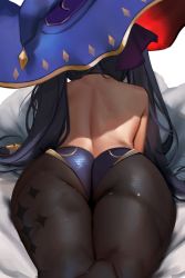 Rule 34 | 1girl, absurdres, artist name, ass, back, bare back, black hair, black pantyhose, blue hat, from behind, genshin impact, hat, highres, hu dako, huge ass, mona (genshin impact), pantyhose, patreon username, solo, thick thighs, thighs, third-party edit, twintails, witch hat