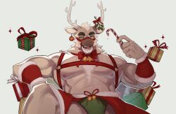Rule 34 | 1boy, abs, absurdres, animal ears, antlers, bara, biceps, box, briefs, bulge, candy, candy cane, chest harness, christmas, clothing aside, daga (hexedcoin), deer boy, deer ears, food, furry, furry male, gift, gift box, green male underwear, harness, highres, horns, large hands, large pectorals, looking to the side, male focus, male underwear, male underwear peek, mature male, mistletoe, muscular, muscular male, nipples, original, pectorals, pelvic curtain, pelvic curtain aside, reindeer antlers, seductive smile, short hair, smile, solo, sparkle, thick eyebrows, triceps, underwear