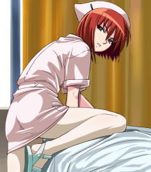 Rule 34 | 00s, 1girl, bed, curtains, female focus, hanbun no tsuki ga noboru sora, haruyama kazunori, hat, nurse, nurse cap, pantyhose, red eyes, red hair, sandals, solo, tanizaki akiko, white pantyhose