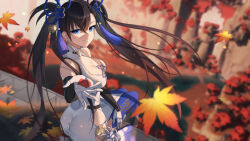 Rule 34 | 1girl, absurdres, ass, bare shoulders, black gloves, black hair, blue eyes, blue thighhighs, blurry, blurry background, breasts, brown hair, china dress, chinese clothes, cleavage, cleavage cutout, closed mouth, clothing cutout, dai mao xuan yi, depth of field, dress, earrings, elbow gloves, flower knot, gloves, hair ornament, hand up, highres, jewelry, large breasts, leaf, long hair, looking at viewer, looking back, maple leaf, outdoors, parted bangs, pelvic curtain, sitting, sleeveless, sleeveless dress, smile, solo, tassel, tassel hair ornament, thighhighs, thighs, tower of fantasy, twintails, twisted torso, very long hair, white dress, yulan (tower of fantasy)