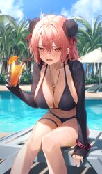 Rule 34 | 1girl, ahoge, alternate costume, bandaged arm, bandages, beach chair, beach umbrella, bendy straw, bikini, black bikini, blue sky, blush, bracelet, breasts, bun cover, chair, cleavage, cloud, cocktail, commentary request, cup, day, double bun, drinking glass, drinking straw, drunk, feet out of frame, food, fruit, greenkohgen, hair between eyes, hair bun, hair intakes, highres, holding, holding cup, ibaraki kasen, ice, ice cube, jewelry, large breasts, leaning forward, long bangs, looking at viewer, lounge chair, multi-strapped bikini bottom, navel, necklace, open mouth, orange (fruit), orange slice, outdoors, palm tree, patio umbrella, pink eyes, pink hair, pool, poolside, ring, ring necklace, shrug (clothing), sitting, sky, sleeves past wrists, slouching, solo, swimsuit, touhou, tree, tropical drink, umbrella, water